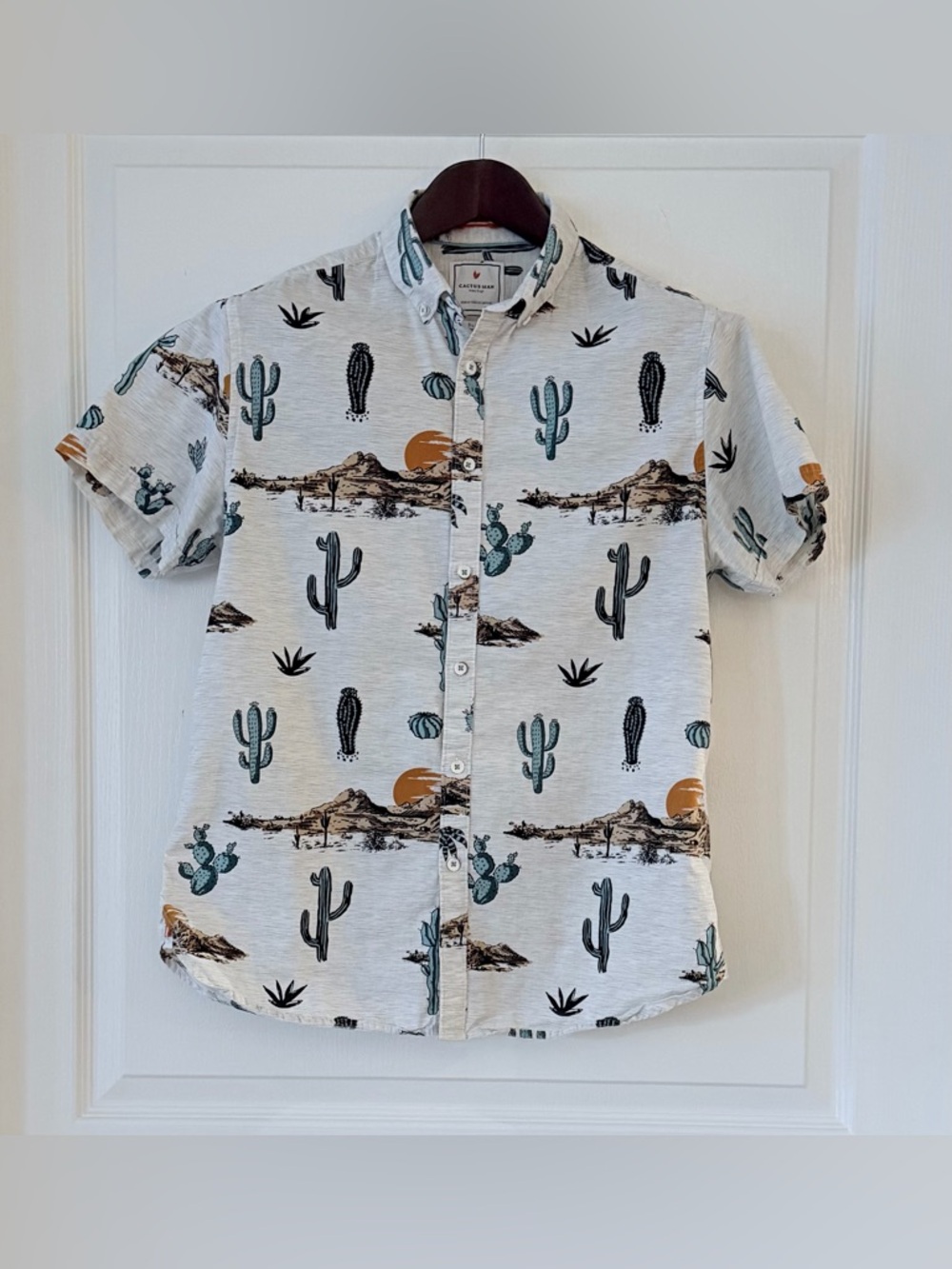 Men's Desert Cactus Print Short-Sleeve Button-Down Shirt - Teal, White